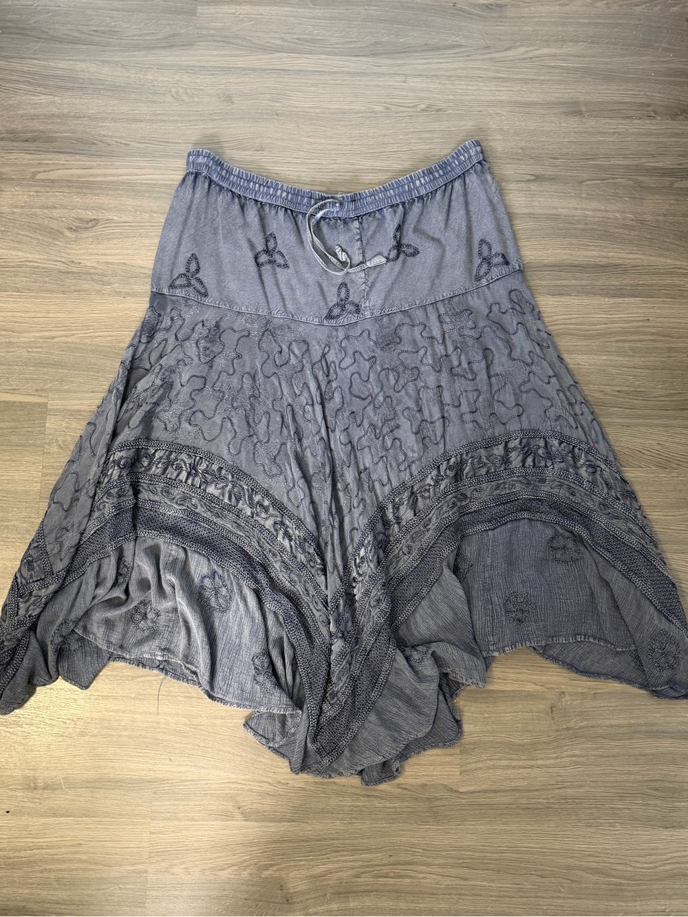 Boho Textured Blue Grey Asymmetrical Hem Midi Skirt with Embroidered Detail